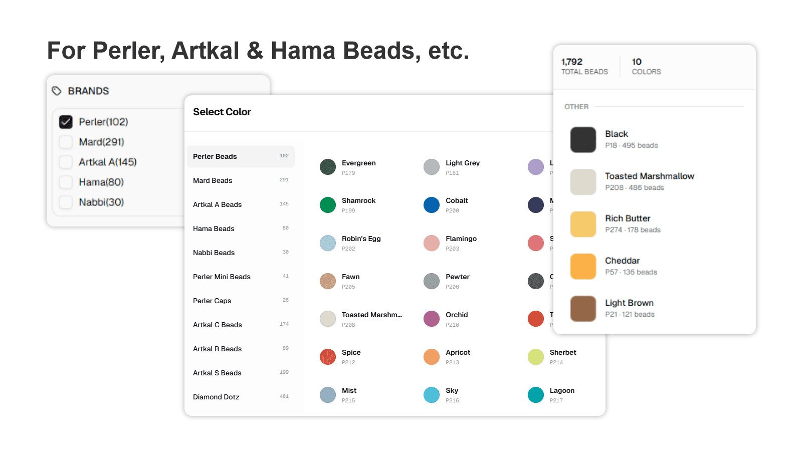 パーラービーズ、Artkal、Hamaビーズの公式カラーパレットと図案用の正確な色コード一致